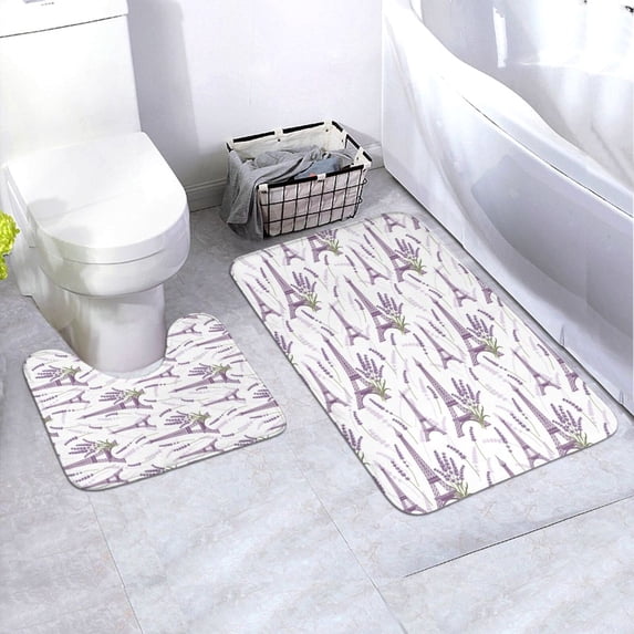 Yiaed Lavender Flowers Print Bathroom Mat Set 2 Pieces Mat Anti-Skid Pad Ultra Soft and Absorbent Bathroom Bath Mat Contour Bath Rugs for Toilet Base