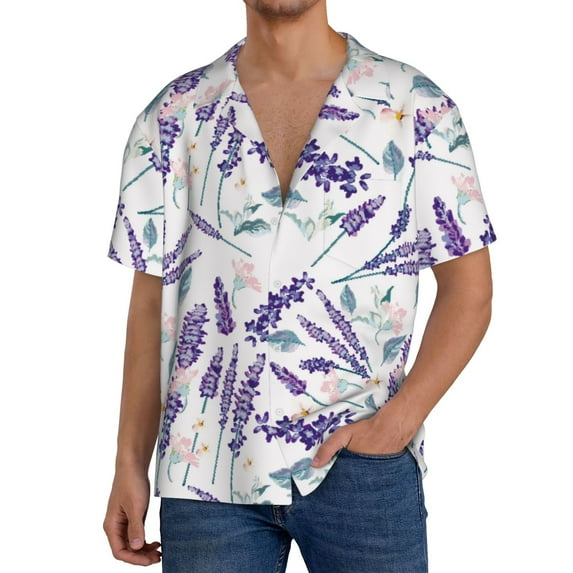 Yiaed Lavender Flowers Print Mens Casual Wrinkle Free Shirts Short Sleeve Button Down Summer Stretch Dress Shirt-3X-Large