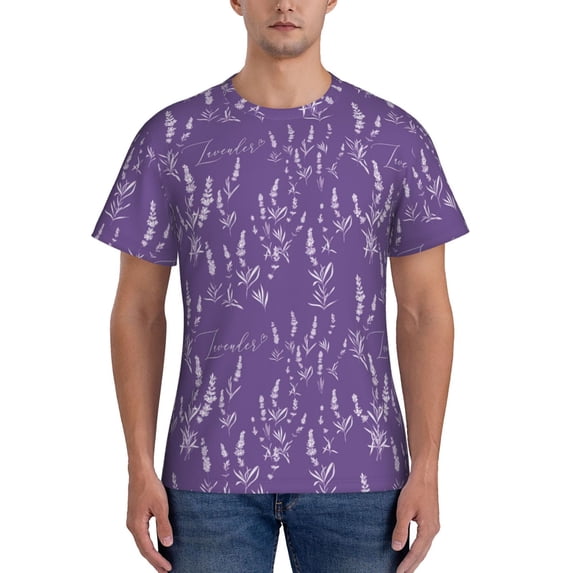 Yiaed Lavender Flowers Print Mens Short Sleeve Tight Fit T-Shirt, Crewneck Casual Tee-Small