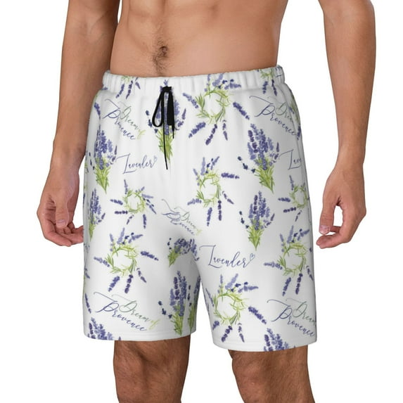 Yiaed Lavender Flowers Print Mens Swim Trunks Bathing Suit Compression Liner Beach Swim Shorts Swimwear Quick Dry Zipper Pocket No-Chafing Board Short-Large
