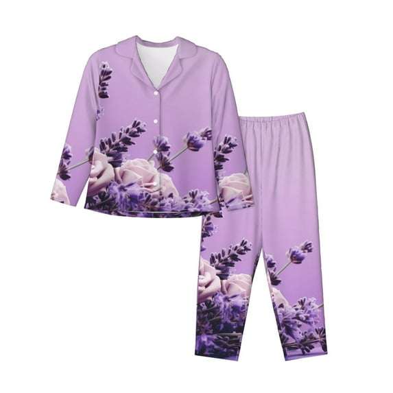 Yiaed Lavender Roses Arrangement Print Pajamas Women's Long Sleeve Sleepwear Soft Button Down Loungewear Pjs Lounge Set Nightwear Womens Pajama Pants-Medium