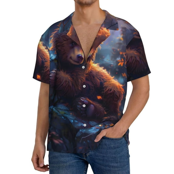Yiaed Lazy Stone Bear Print Mens Casual Wrinkle Free Shirts Short Sleeve Button Down Summer Stretch Dress Shirt-X-Large