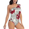 thumbnail image 1 of Yiaed Leaves And Anemone Flowers In Red Grey Print Women One Piece Swimsuits Tummy Control One Shoulder Bathing Suits Pattern Ruffle Swimwear-Medium, 1 of 8