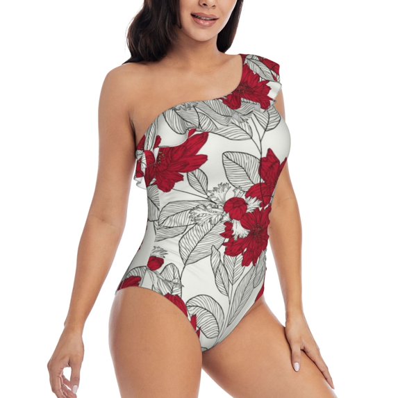Yiaed Leaves And Anemone Flowers In Red Grey Print Women One Piece Swimsuits Tummy Control One Shoulder Bathing Suits Pattern Ruffle Swimwear-Medium
