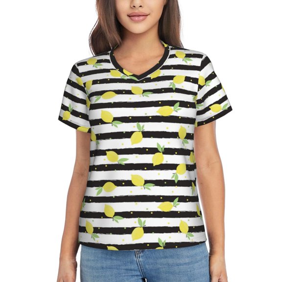 Yiaed Lemon_1 Print Women's T Shirt V-Neck Short Sleeve Shirt Casual Breathable Tee Summer Tops-Large