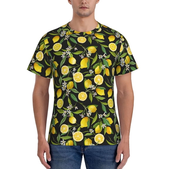 Yiaed Lemon Fruits Flowers Leaves Print Mens Short Sleeve Tight Fit T-Shirt, Crewneck Casual Tee-XX-Large