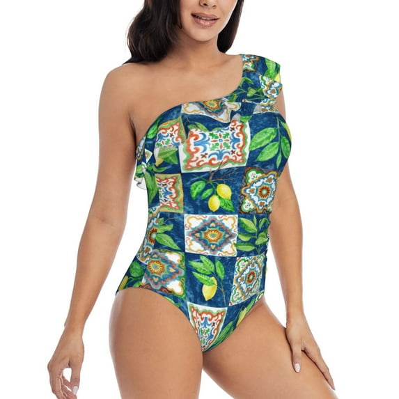 Yiaed Lemon and Leaves Print Women One Piece Swimsuits Tummy Control One Shoulder Bathing Suits Pattern Ruffle Swimwear-Medium