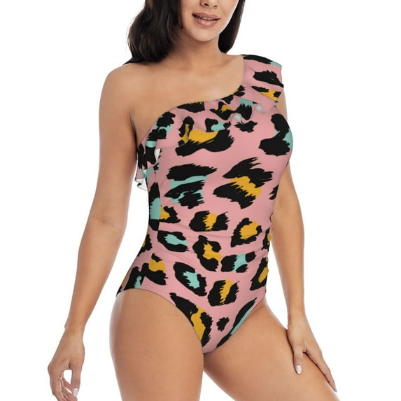 Yiaed Leopard Print Women One Piece Swimsuits Tummy Control One Shoulder Bathing Suits Pattern Ruffle Swimwear-Small