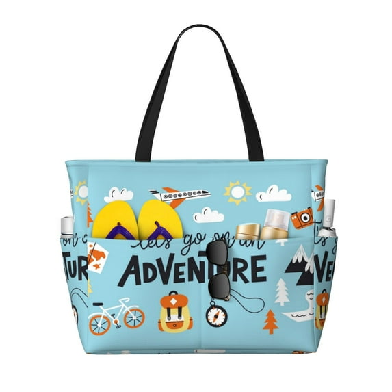 Yiaed Let's Go on an Adventure Print Large Capacity Beach Travel Bag - Waterproof Zipper Vacation Tote for Sandproof Storage, and Camping