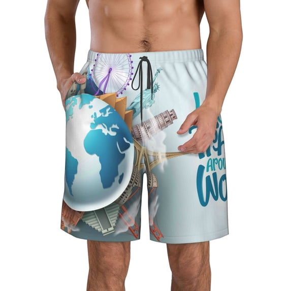 Yiaed Let's go Travel Around the World Print Men's Swim Trunks with Lining Quick Dry Sports Shorts Beach Shorts Boardshorts-Large