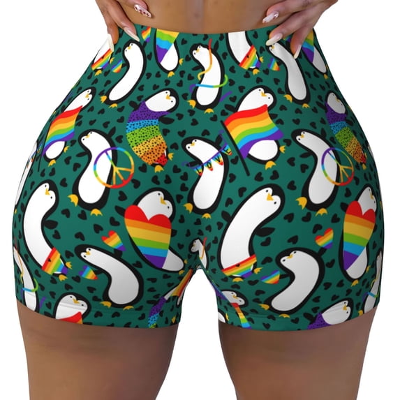 Yiaed Lgbt Penguin Print Women's Athletic Shorts Running Shorts Sporty Short High Waisted Elastic Workout Shorts for Yoga Gym Running & Sports -Small