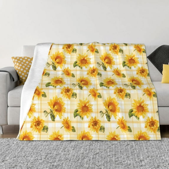 Yiaed Light Yellow Plaid Sunflower Print Blanket Throw Blanket Soft Cozy Flannel Blanket for Home Bed Sofa Couch Chair-40"x30"