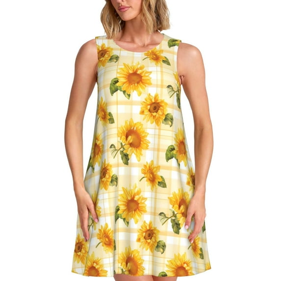 Yiaed Light Yellow Plaid Sunflower Print Women's Sleeveless Dress, Loose Fit Summer Dress, Casual Sleeveless Dress for Women