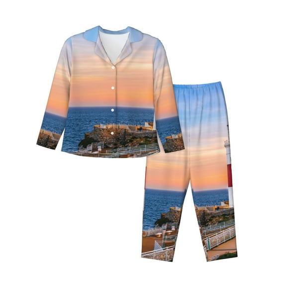 Yiaed Lighthous1 Print Pajamas Women's Long Sleeve Sleepwear Soft Button Down Loungewear Pjs Lounge Set Nightwear Womens Pajama Pants-Medium