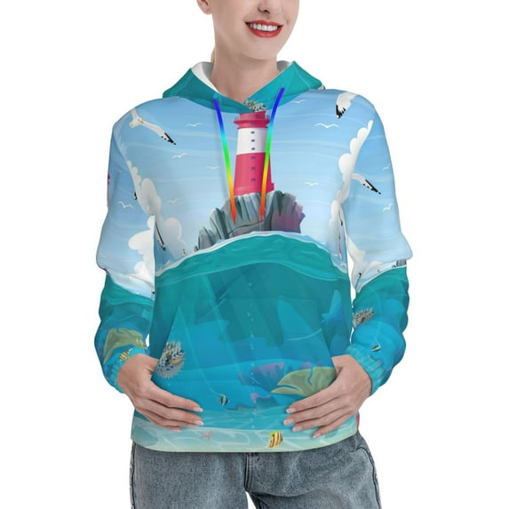 Yiaed Lighthouse Sea Port Print Womens Casual Hoodies Crew Neck Long Sleeve Sweatshirts With Pocket Pullover Tops Women's Hooded Sweatshirt-XX-Large