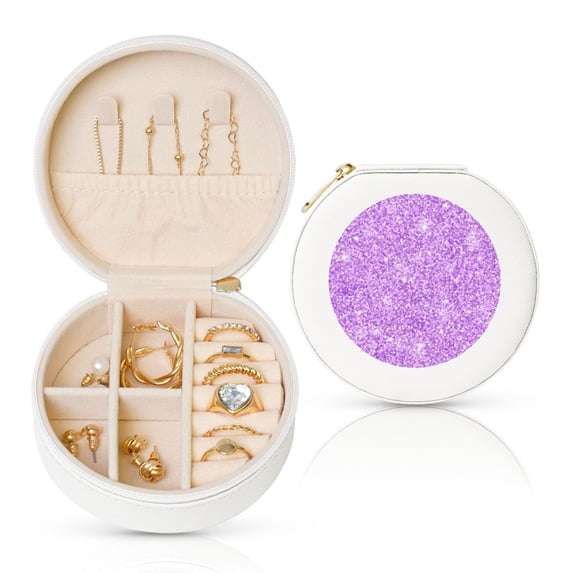 Yiaed Lilac Glittering Print Travel Jewelry Case Bridesmaid Gift Boxes Jewelry Travel Organizer Small Round Jewelry Box Mini Storage-White