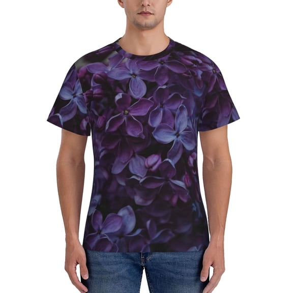 Yiaed Lilac Print Mens Short Sleeve Tight Fit T-Shirt, Crewneck Casual Tee-Large