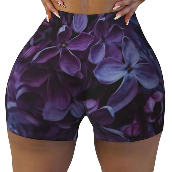 Yiaed Lilac Print Women's Athletic Shorts Running Shorts Sporty Short High Waisted Elastic Workout Shorts for Yoga Gym Running & Sports -Medium