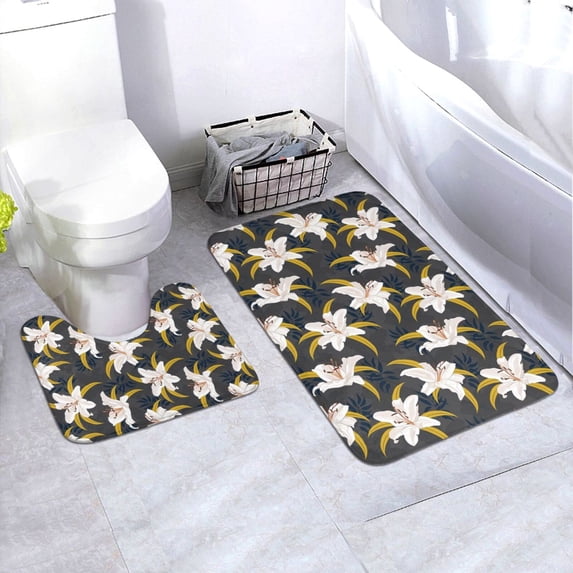 Yiaed Lilies Flowers Print Bathroom Mat Set 2 Pieces Mat Anti-Skid Pad Ultra Soft and Absorbent Bathroom Bath Mat Contour Bath Rugs for Toilet Base