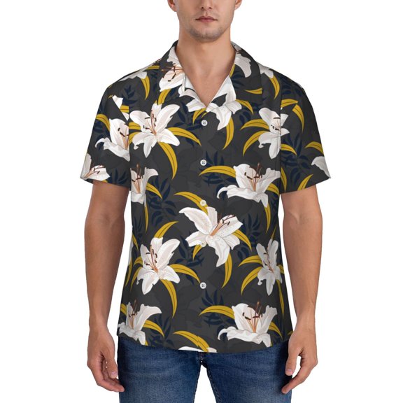 Yiaed Lilies Flowers Print Hawaiian Shirt for Men Short Sleeve Button Down Shirts Beach Shirts for Men-Large