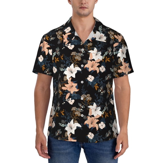 Yiaed Lilies Flowers Print Hawaiian Shirt for Men Short Sleeve Button Down Shirts Beach Shirts for Men-XX-Large