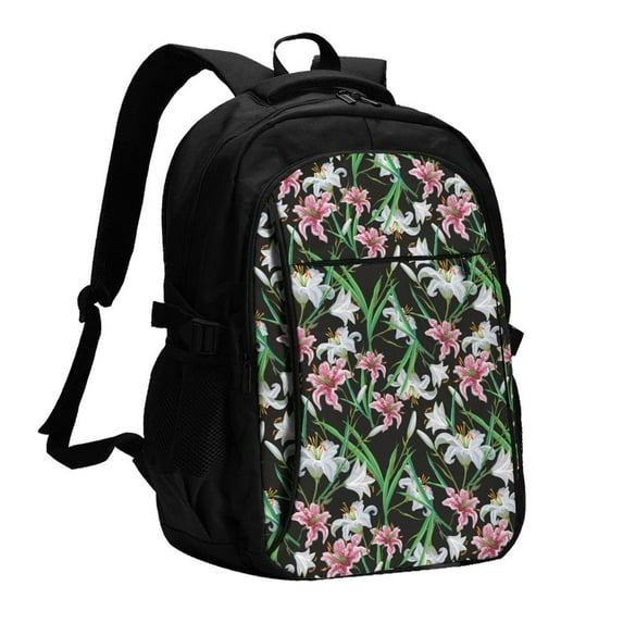 Yiaed Lilies Flowers Print Laptop Backpack,Business Travel Durable Laptops Backpack with USB Charging Port,Water Resistant College Computer Bag