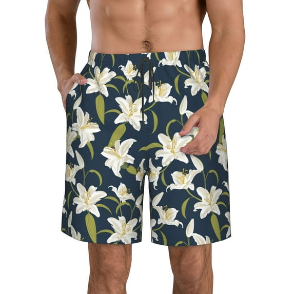 Yiaed Lilies Flowers Print Men's Swim Trunks with Lining Quick Dry Sports Shorts Beach Shorts Boardshorts-X-Large
