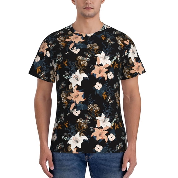 Yiaed Lilies Flowers Print Mens Short Sleeve Tight Fit T-Shirt, Crewneck Casual Tee-Small