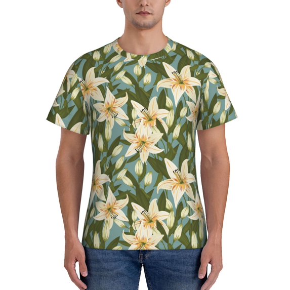 Yiaed Lilies Flowers Print Mens Short Sleeve Tight Fit T-Shirt, Crewneck Casual Tee-XX-Large