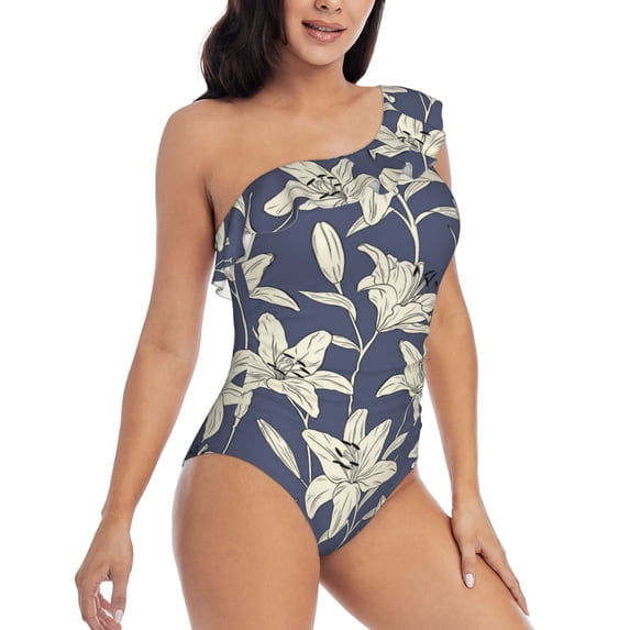 Yiaed Lilies Flowers Print Women One Piece Swimsuits Tummy Control One Shoulder Bathing Suits Pattern Ruffle Swimwear-Medium
