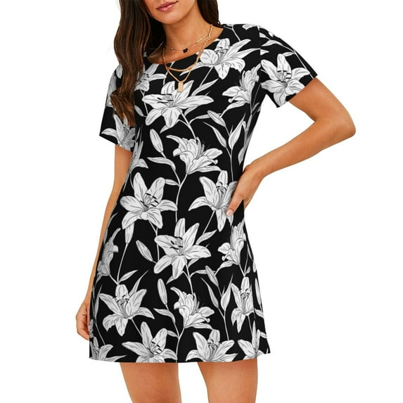 Yiaed Lilies Flowers Print Women's Loose-Fit Short Sleeve Nightgown, Soft and Comfortable Sleep Dress for Relaxation and Sleepwear