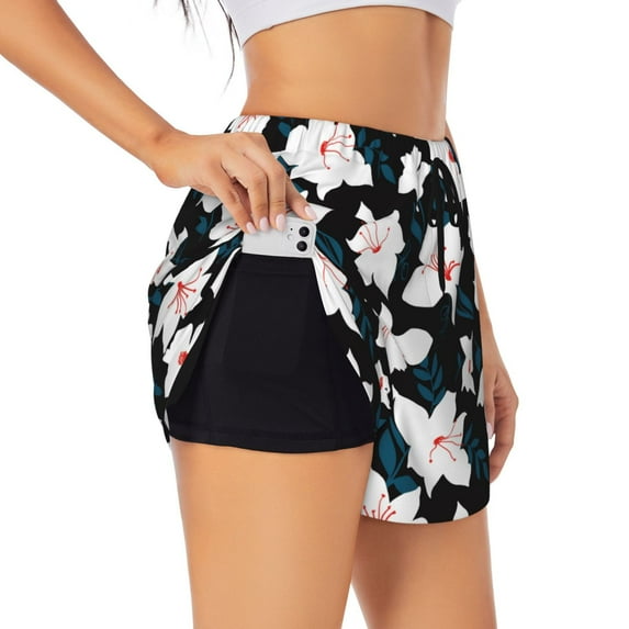 Yiaed Lilies Flowers Print Women's Running Shorts with Liner 3 Zipper Pockets Elastic Workout Athletic Gym Yoga Shorts-XX-Large