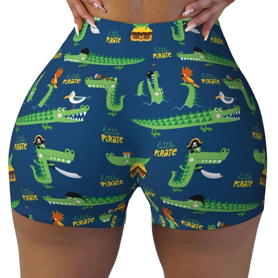 Yiaed Little Pirate Crocodile Print Women's Athletic Shorts Running Shorts Sporty Short High Waisted Elastic Workout Shorts for Yoga Gym Running & Sports -Medium