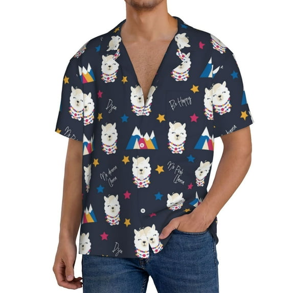 Yiaed Llamas 1 Print Mens Casual Wrinkle Free Shirts Short Sleeve Button Down Summer Stretch Dress Shirt-Large