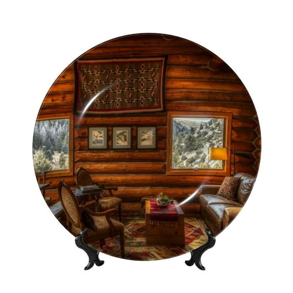 Yiaed Log Cabin Inside Print Bone China Decorative Plate Ceramic Dinner Plates Art Crafts with Display Stand-7in