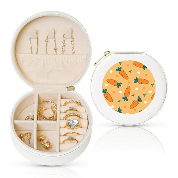 Yiaed Love Carrot Print Travel Jewelry Case Bridesmaid Gift Boxes Jewelry Travel Organizer Small Round Jewelry Box Mini Storage-White