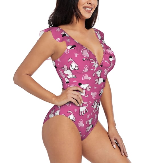Yiaed Love Dog Print Women's Ruffled One Piece Swimsuit V Neck Swimwear Slimming Monokini for Woman-Medium