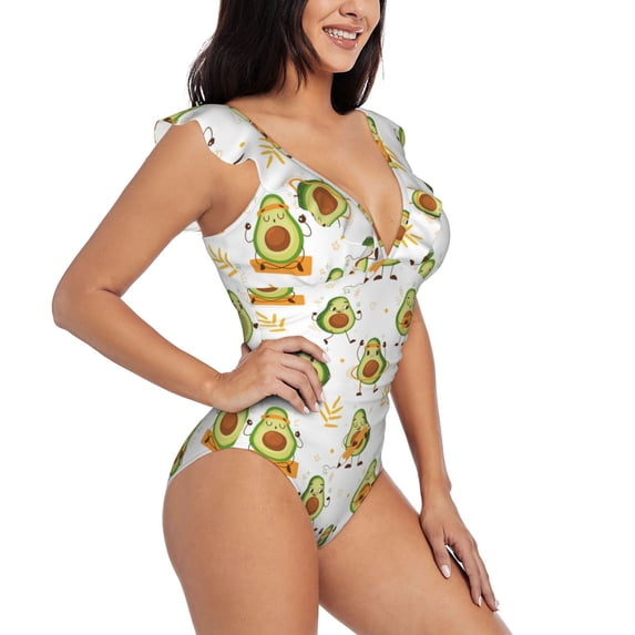 Yiaed Lovely Avocado Print Women's Ruffled One Piece Swimsuit V Neck Swimwear Slimming Monokini for Woman-XX-Large