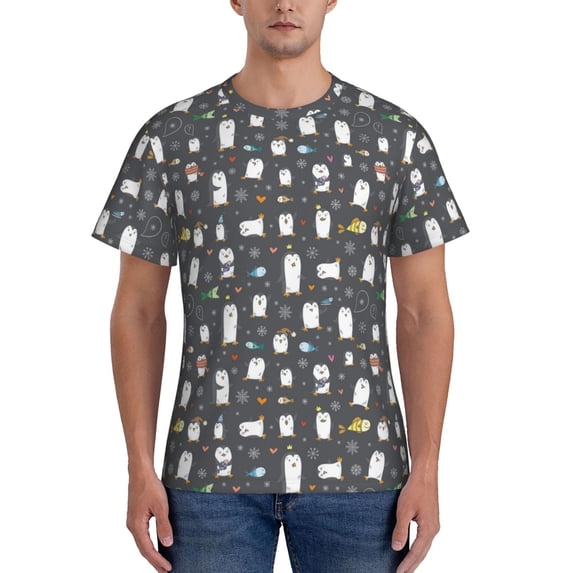 Yiaed Lovely Penguin Print Mens Short Sleeve Tight Fit T-Shirt, Crewneck Casual Tee-XX-Large