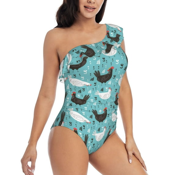 Yiaed Lovely Roosters Print Women One Piece Swimsuits Tummy Control One Shoulder Bathing Suits Pattern Ruffle Swimwear-Medium