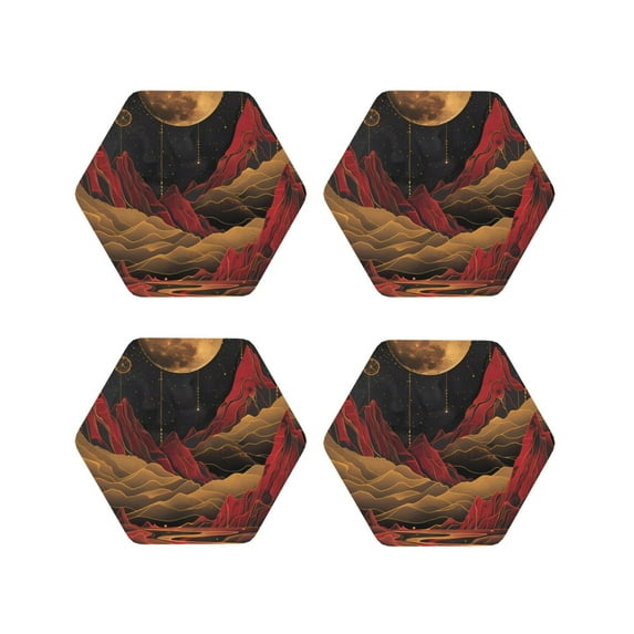 Yiaed Lunar Mountains Golden Rivers Print Leather Coasters for Drinks - Cup Coasters Coffee Table Kitchen Table Bar, Home & Office Gifts Handmade Drink Coasters-Hexagon