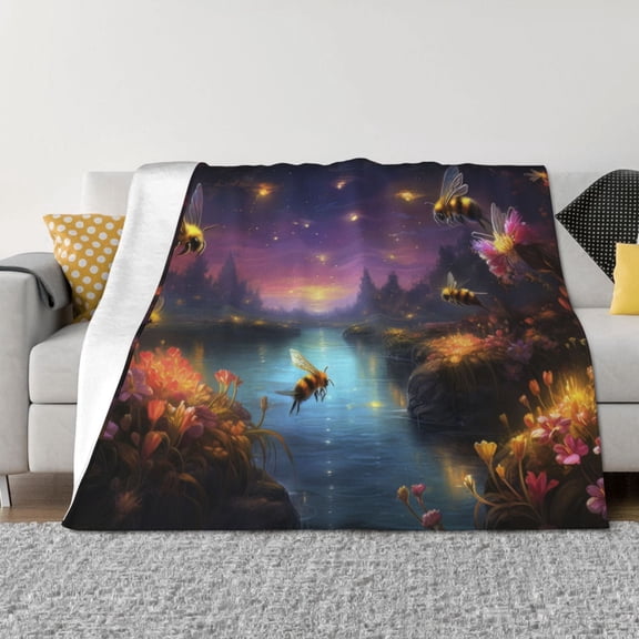 Yiaed Magical Bees Twilight River Print Blanket Throw Blanket Soft Cozy Flannel Blanket for Home Bed Sofa Couch Chair-40"x30"