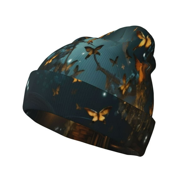 Yiaed Magical Library Butterfly Night Print Winter Beanie for Men Women, Fleece Lined Beanie Soft Warm Knit Hat Ski Stocking Cuffed Ca