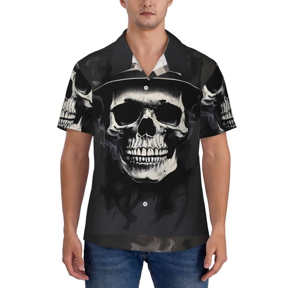 Yiaed Magician Hat Skull Print Hawaiian Shirt for Men Short Sleeve Button Down Shirts Beach Shirts for Men-Large
