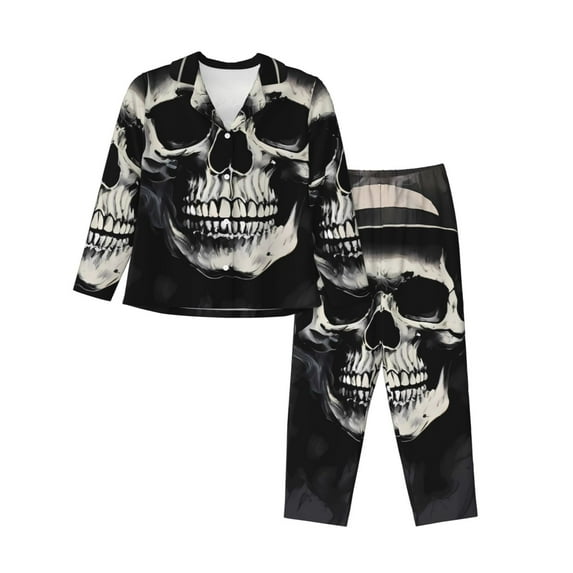 Yiaed Magician Hat Skull Print Pajamas Women's Long Sleeve Sleepwear Soft Button Down Loungewear Pjs Lounge Set Nightwear Womens Pajama Pants-Large