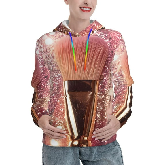 Yiaed Makeup Brush on Pink Glitter Print Womens Casual Hoodies Crew Neck Long Sleeve Sweatshirts With Pocket Pullover Tops Women's Hooded Sweatshirt-Medium