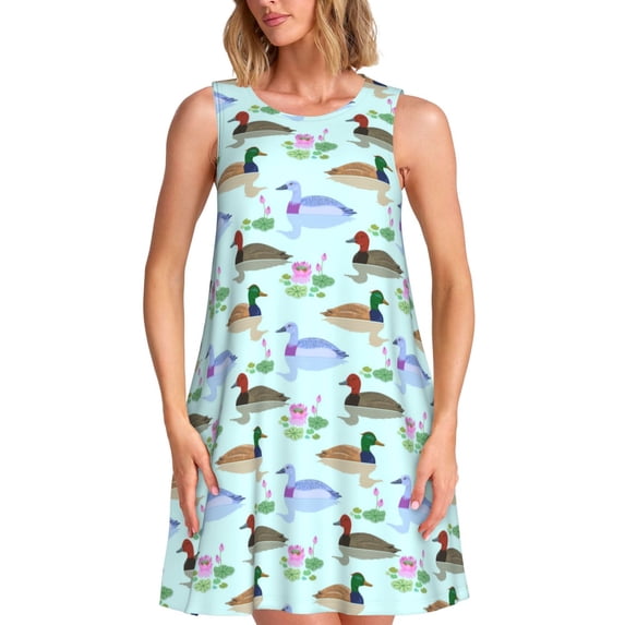 Yiaed Mallard Duck Of Lotus Flowers Print Women's Sleeveless Dress, Loose Fit Summer Dress, Casual Sleeveless Dress for Women