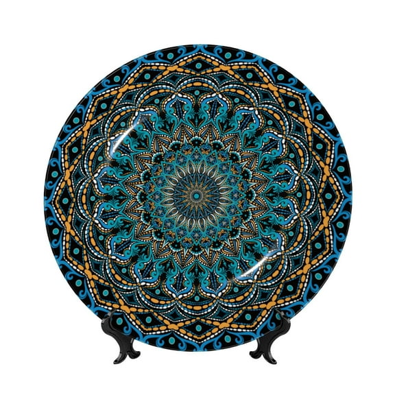 Yiaed Mandala Print Bone China Decorative Plate Ceramic Dinner Plates Art Crafts with Display Stand-6in