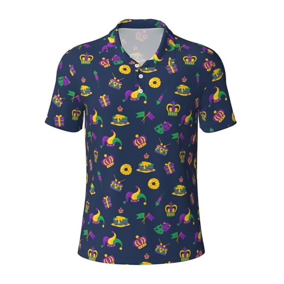 Yiaed Mardi Gras CarnivalPrint Men's Short Sleeve Polo Shirt,Golf Polo for Men Three-Button Golf Shirt Athletic Casual Collared T-Shirt- 4X-Large
