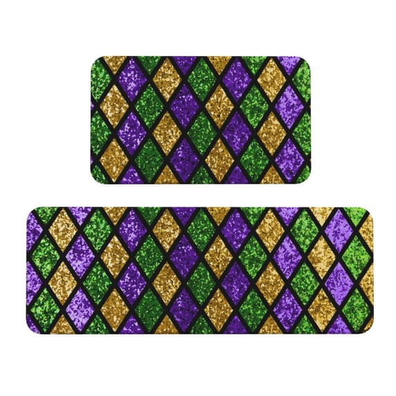 Yiaed Mardi Gras Shiny Green Purple Kitchen Rugs Sets of 2 Kitchen Mats Cushioned Anti Fatigue Kitchen Rug Tapetes Para Cocina for Sink,Laundry Room